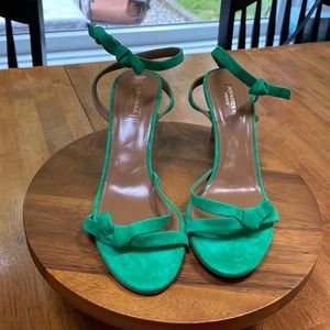 Vintage emerald cross-back ankle-clasp Aquazzura Firenze heel. Made in Italy.